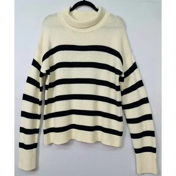 CAARA Cream & Black Striped Turtleneck Sweater Size Medium 100% Cotton - Picture 2 of 10